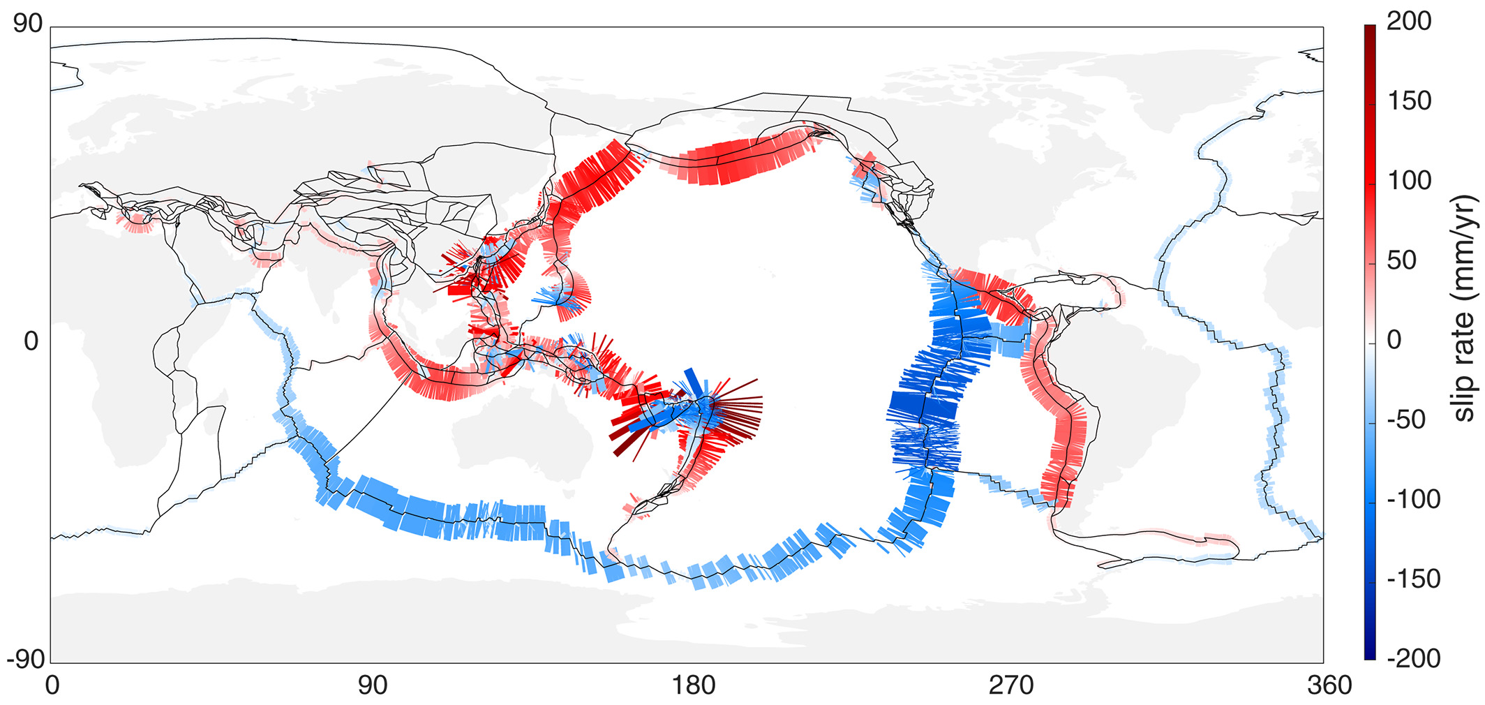 Model predicted dip-slip/tensile slip deficit rates (mm/year). Convergence is shown as positive and red. The color shade and width of the line indicate the magnitude of slip-deficit rate.