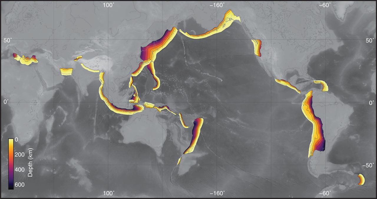 The global distribution of models included in Slab2. Models are colored by depth. Slab2 and the code base used to create it are openly available via