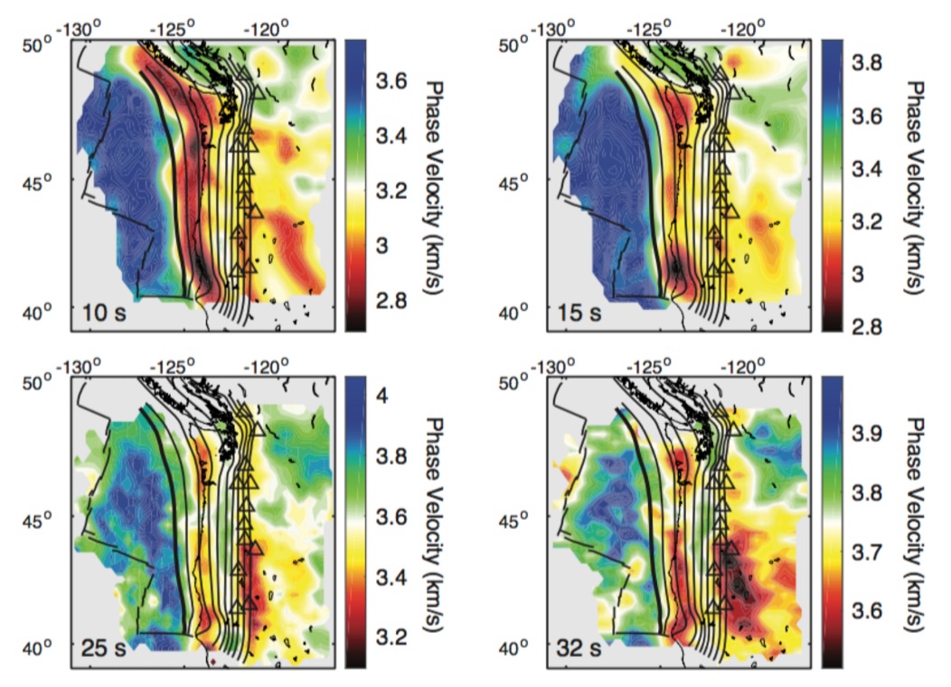 Phase-velocity maps from both ambient-noise (10 and 15 s) and earthquake (20–100 s) data.