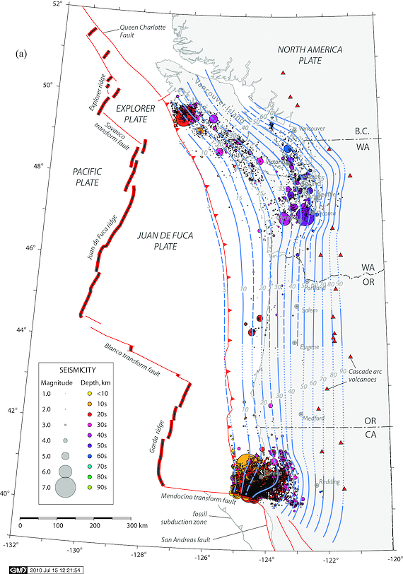 Map showing hand-contoured model of the Juan de Fuca slab surface (see text for description) and seismicity (ANSS, 1975–2009; CNSN, 1985–2009) located beneath the modeled surface. Solid lines denote depth contours in 10 km increments, long dashed lines denote supplemental depth contours in 5 km increments; short dashed lines denote interpolated contours where control points are more than 50 km apart. Note that Wadati-Benioff zone seismicity mainly occurs in regions where slab model arches along strike.