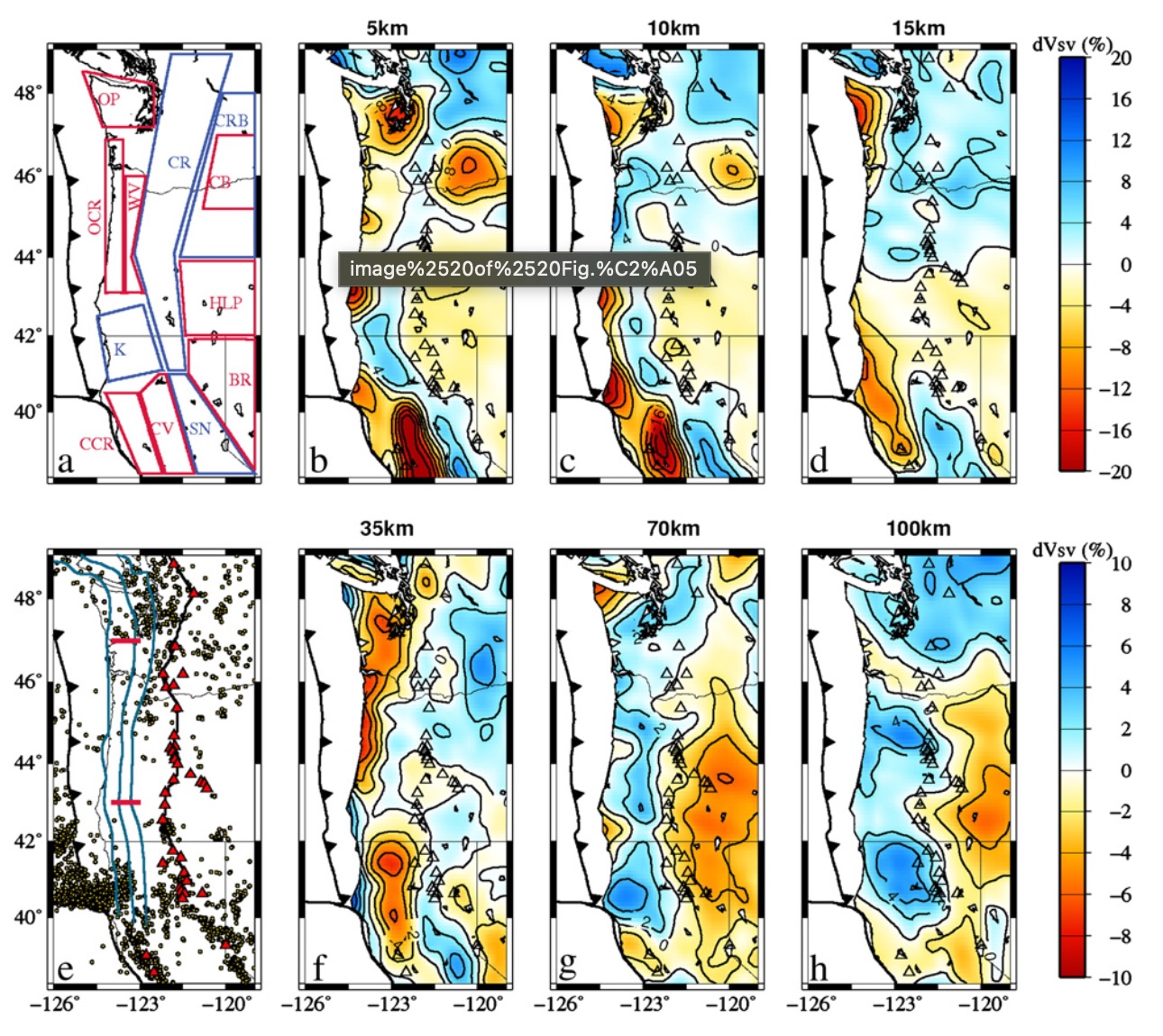 Tectonic maps of the study region. (a) Highlights crustal structure showing sedimentary regions in red and igneous/metamorphic regions in blue. OP— Olympic Peninsula, CR— Cascades Range, CRB— Columbia River Basalts, OCR— Oregon Coast Range, WV— Willamette Valley, CB— Columbia Basin, K— Klamath Mountains, HLP— High Lava Plains, BR— Basin and Range, CCR— California Coast Range, CV— Central Valley, SN— Sierra Nevada. (e) shows earthquakes since 1990 (gold dots), tremor segmentation bounds (red lines), volcanoes (red triangles), depth to slab contours at 20, 30, and 40 km from Audet et al. (2010) (blue lines), and the locations of profiles in Figs. 7 and 8. (b–d, f–i) Depth slices of PNW10-S at 5, 10, 15, 35, 70, and 100 km. Overlain on the depth slices are the quaternary volcanic centers as unfilled triangles.