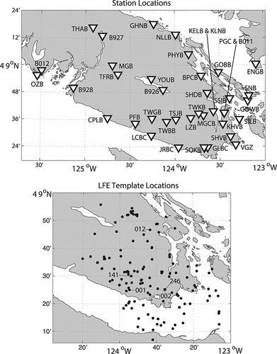 (top) Map of stations and (bottom) LFE template locations employed in this study. Templates referred to in text are identified by number in Figure 1 (bottom).