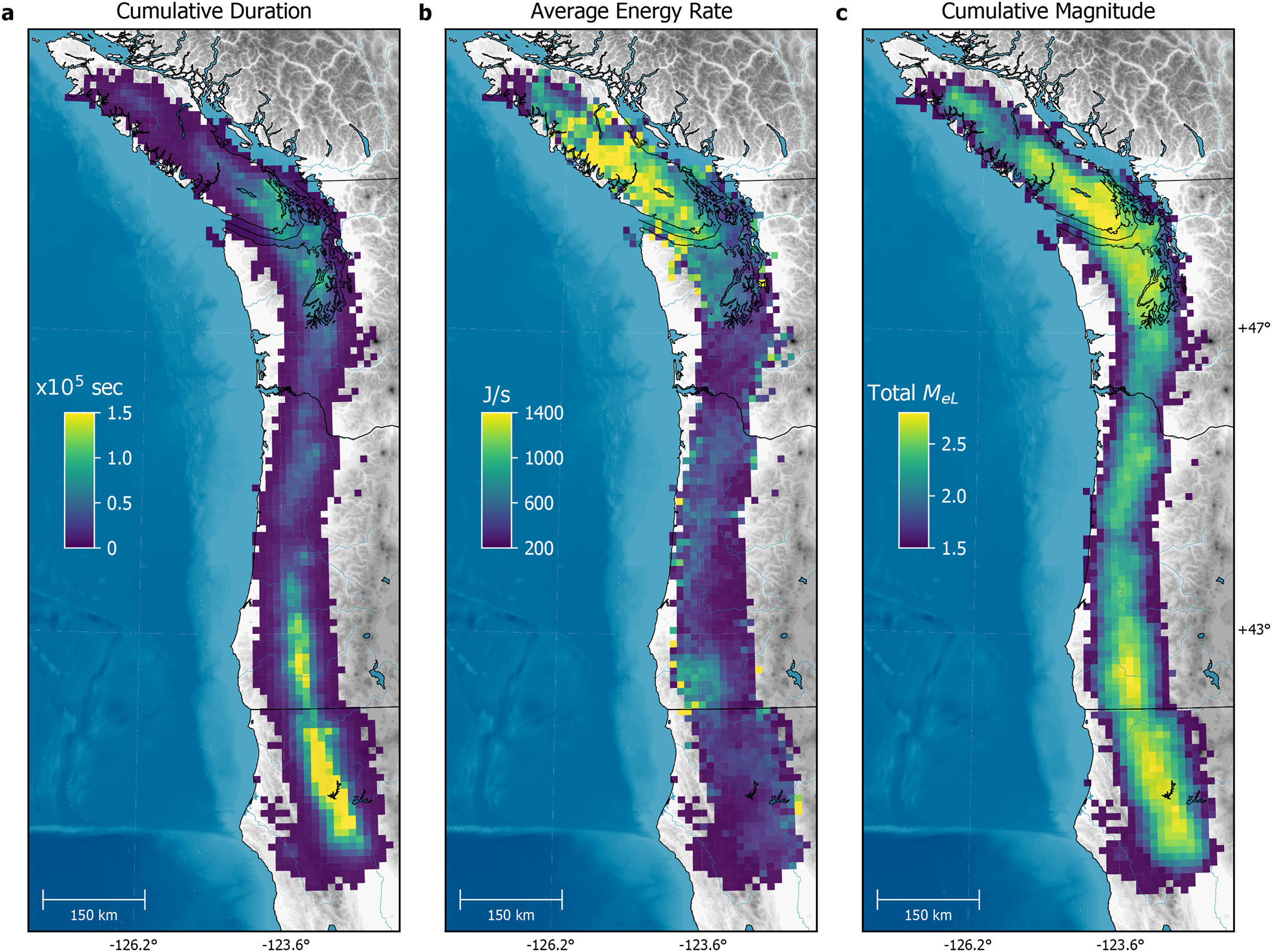 (a) Map of total tremor duration, (b) average tremor energy rate, and (c) cumulative magnitude for the entire tremor catalog in 10 × 10 km bins.